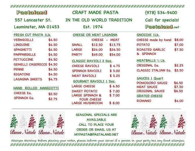 Pastaland - Leominster, MA menu_pic