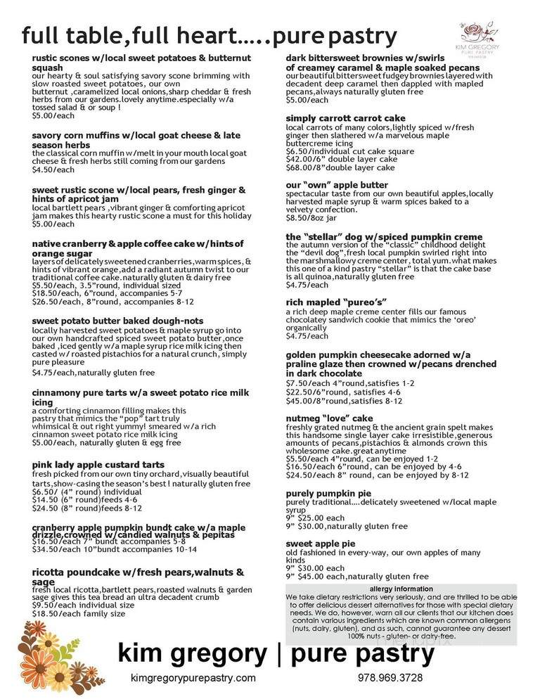 Kim Gregory | Pure Pastry - Beverly, MA menu_pic