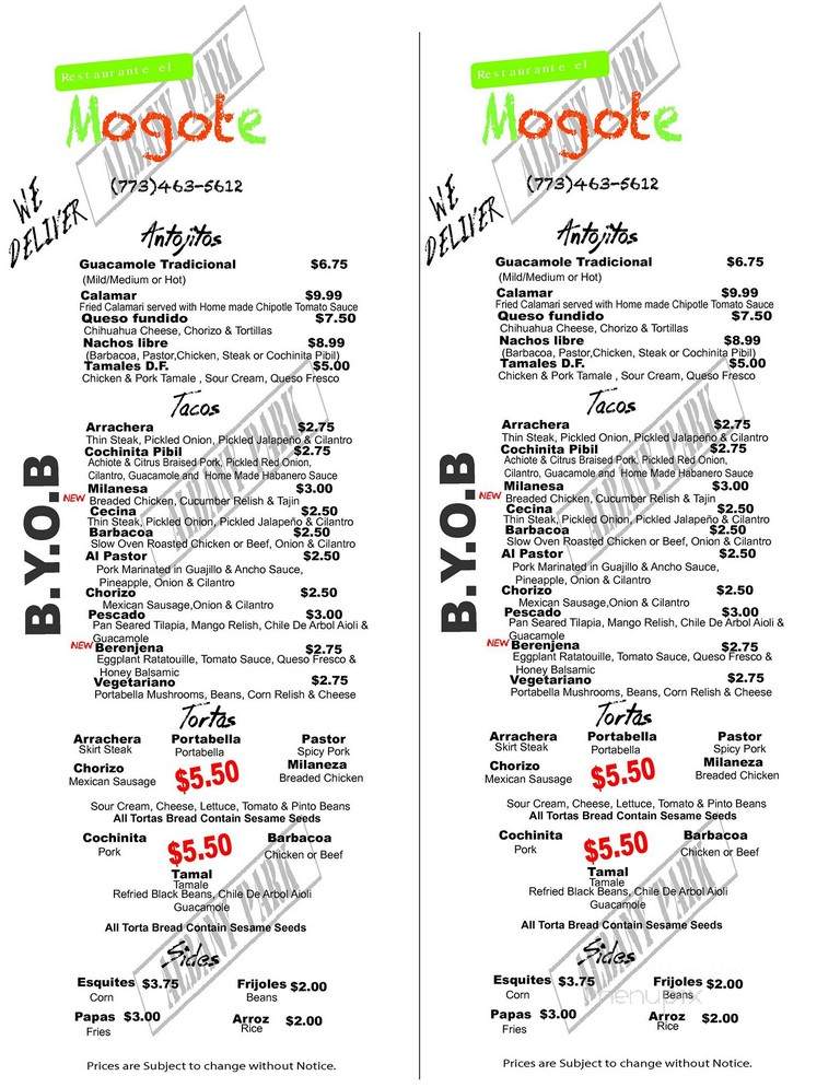 Restaurante El Mogote - Chicago, IL menu_pic
