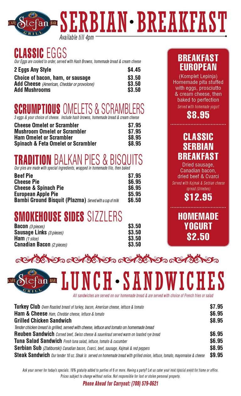 Stefan Cafe Bar Grill - Hodgkins, IL menu_pic