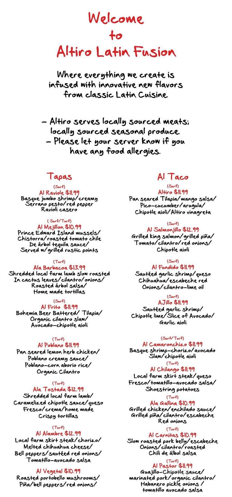 Altiro Latin Fusion - Chicago, IL menu_pic