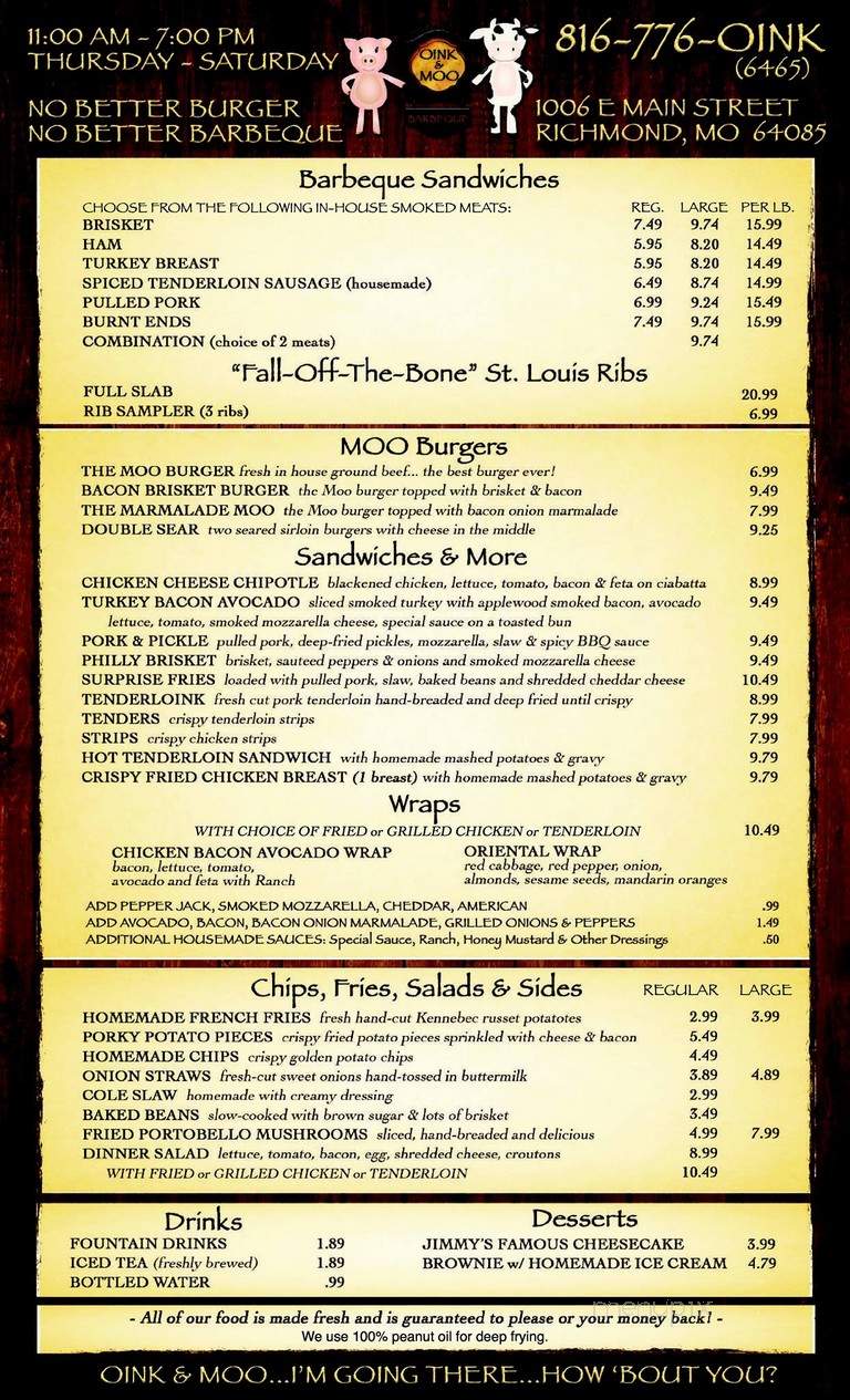 Oink & Moo Barbeque - Richmond, MO menu_pic