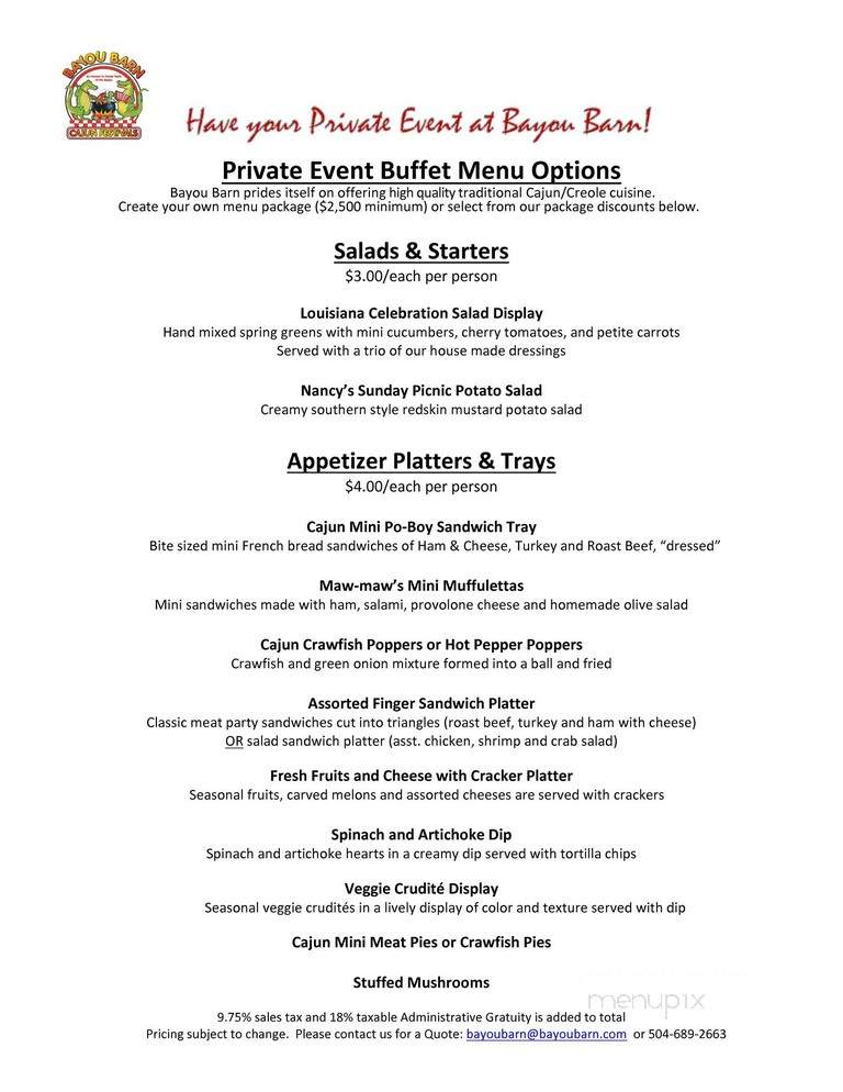 Bayou Barn - Marrero, LA menu_pic