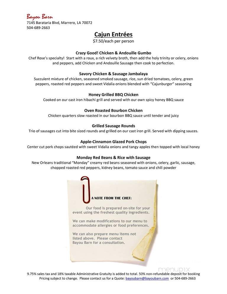 Bayou Barn - Marrero, LA menu_pic