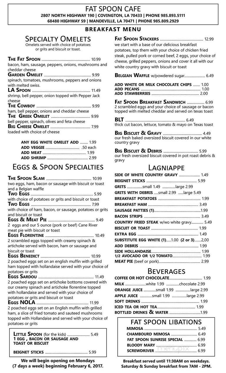 Menu of Fat  Spoon  Cafe  in Covington  LA 70433