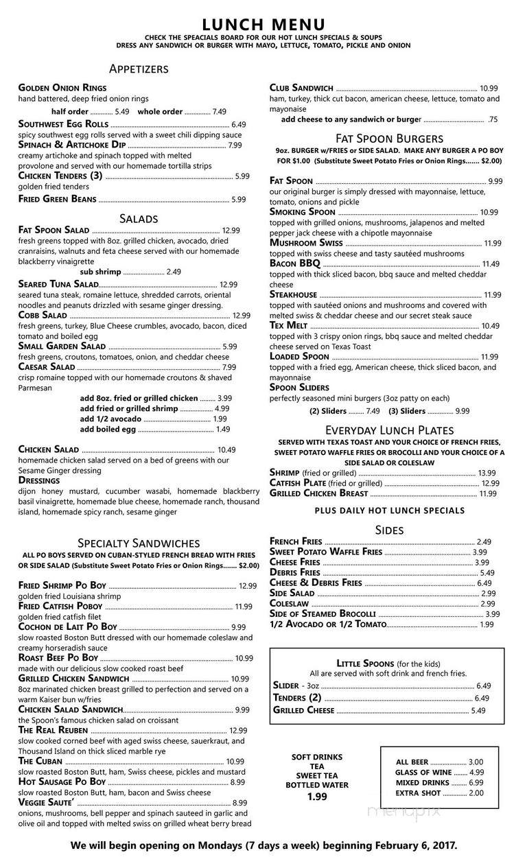 Menu of Fat  Spoon  Cafe  in Covington  LA 70433