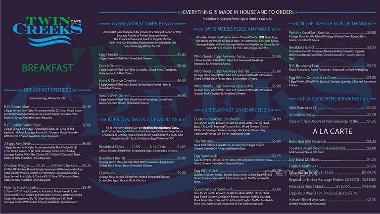 Twin Creeks Cafe - Fort Worth, TX menu_pic