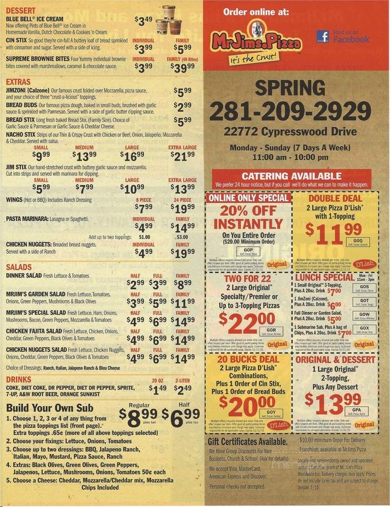 Mr jim's discount pizza menu