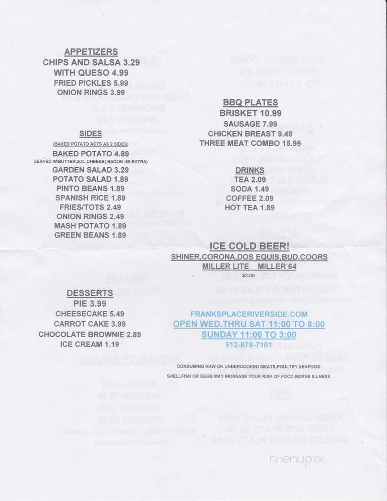 Frank's Place - Fentress, TX menu_pic