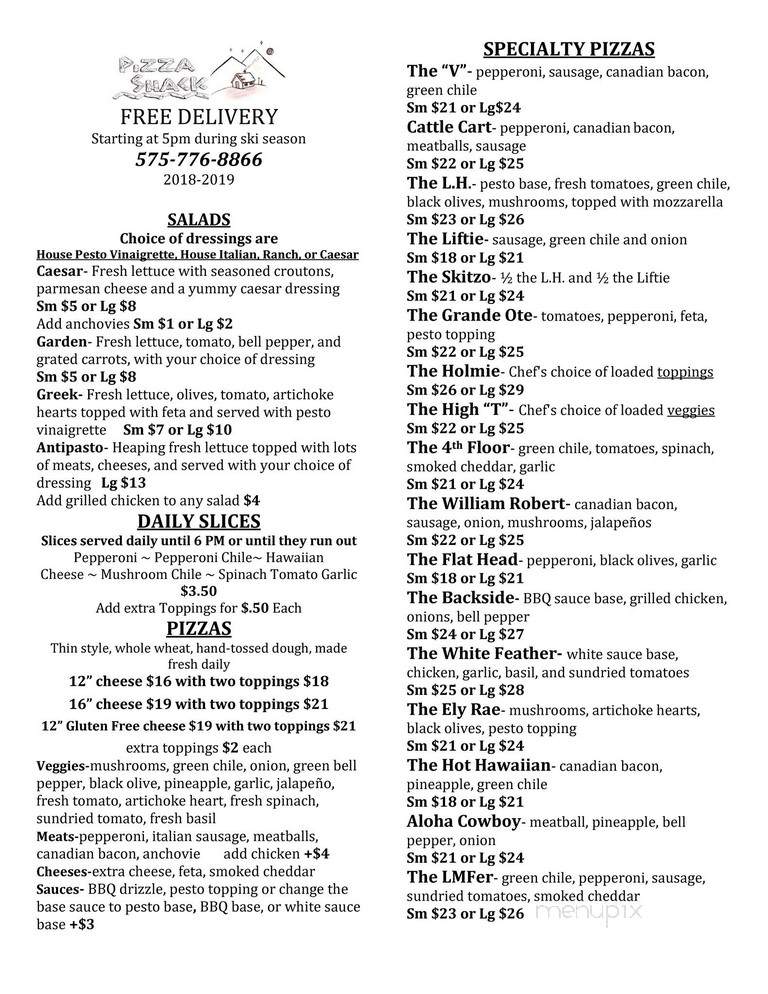 Pizza Shack - Taos Ski Valley, NM menu_pic