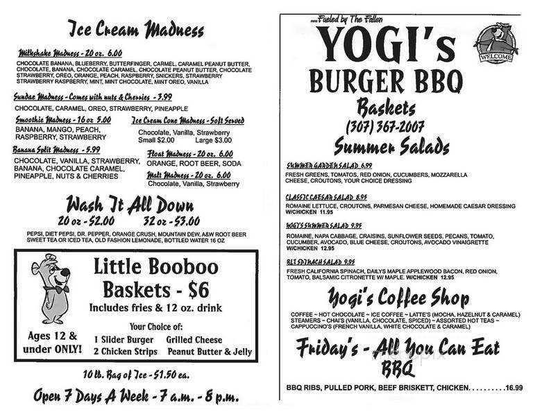 Yogi's Burger BBQ - Pinedale, WY menu_pic