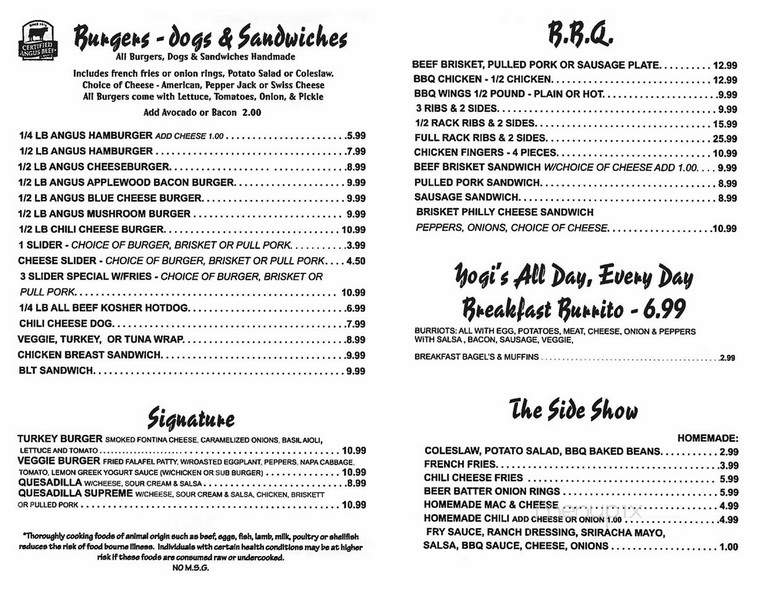 Yogi's Burger BBQ - Pinedale, WY menu_pic