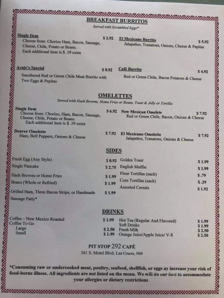 Cafe 292 - Las Cruces, NM menu_pic