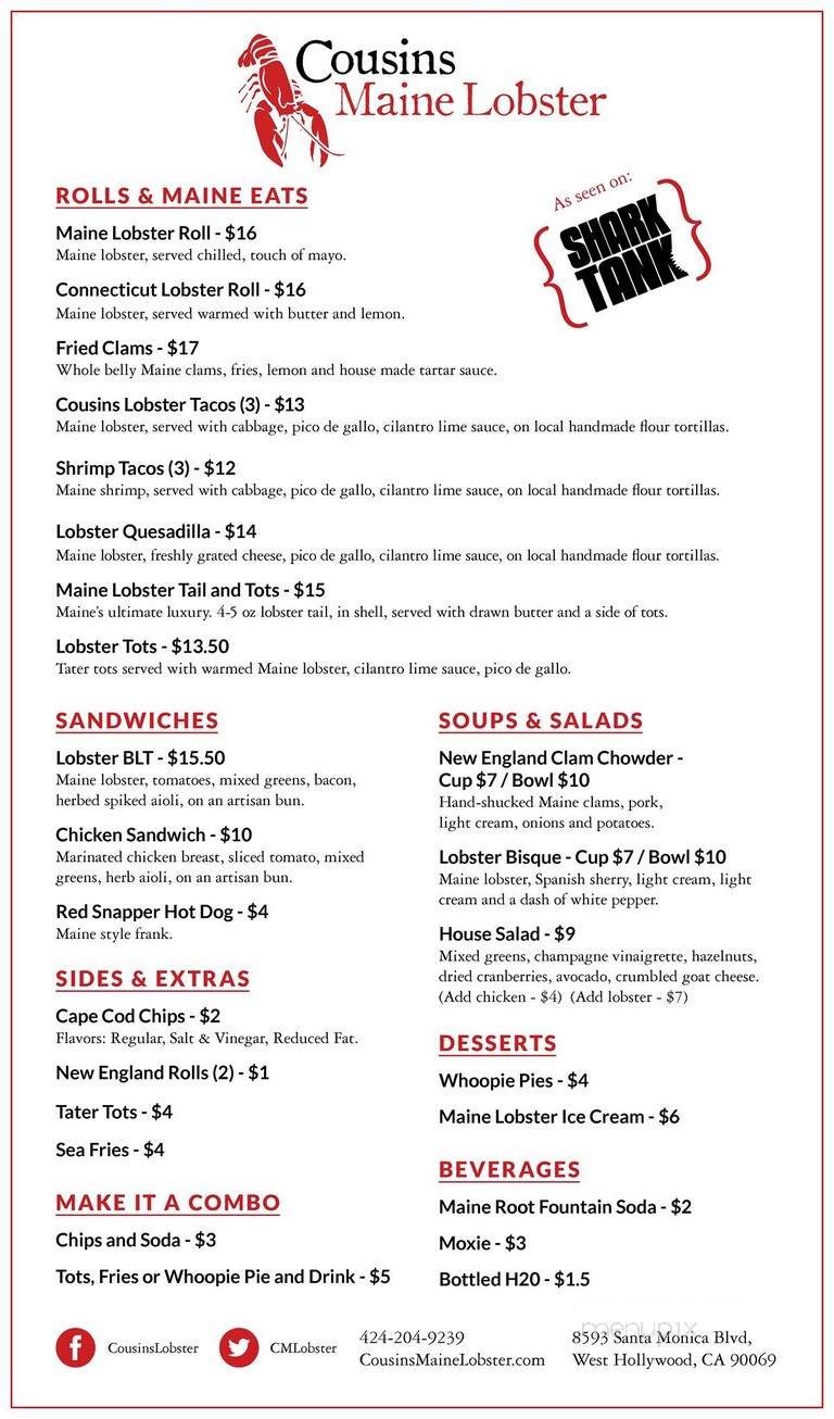 Cousins Maine Lobster Restaurant - West Hollywood, CA menu_pic