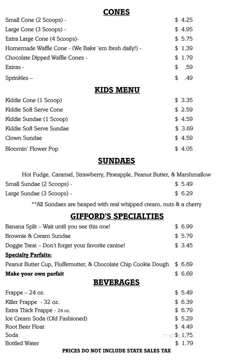Gifford's Ice Cream - Skowhegan, ME menu_pic