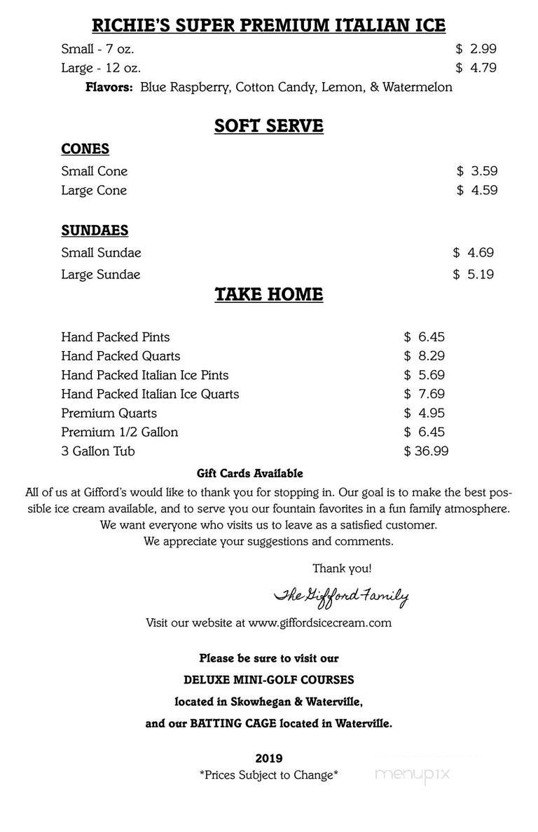 Gifford's Ice Cream - Skowhegan, ME menu_pic