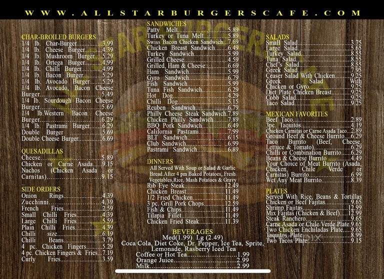Online Menu of All Star Burgers, Yucca Valley, CA