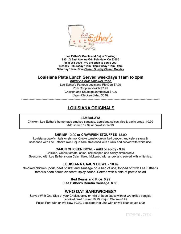 Lee Esther's Creole and Cajun Cooking - Palmdale, CA menu_pic