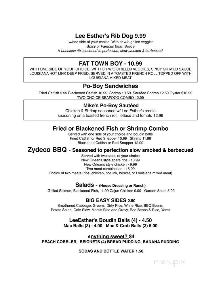 Menu of Lee Esther's Creole and Cajun Cooking in Palmdale, CA 93550