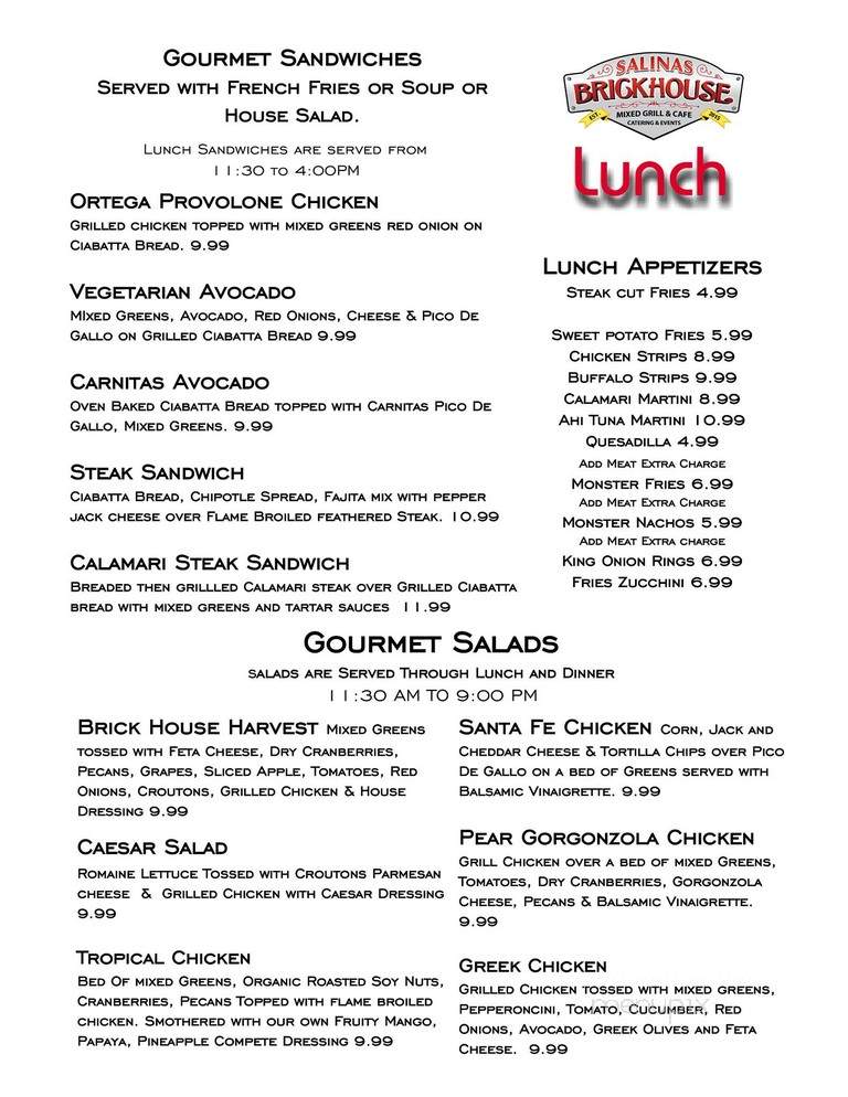 Salinas Brick House Cafe - Salinas, CA menu_pic