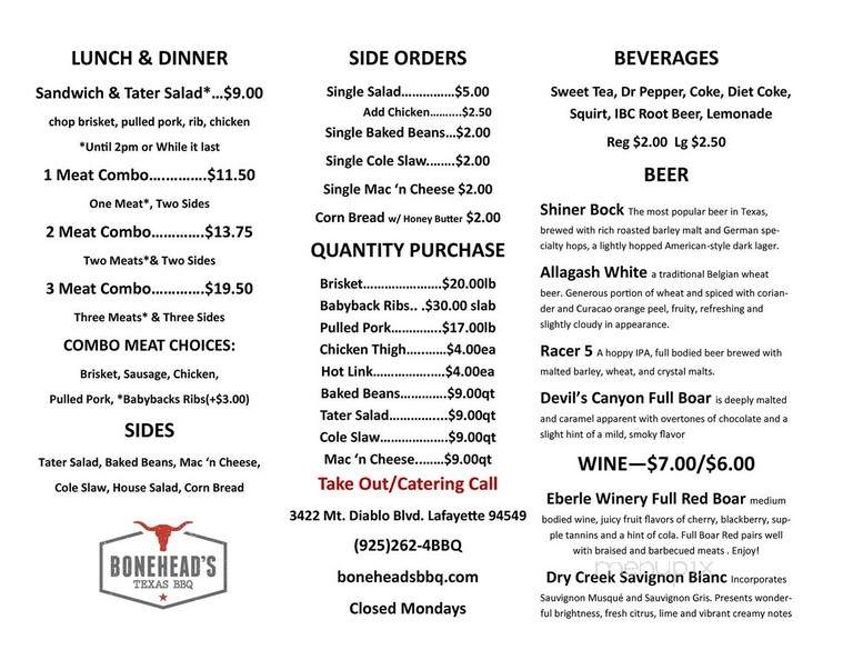 Bonehead's Texas BBQ - Lafayette, CA menu_pic