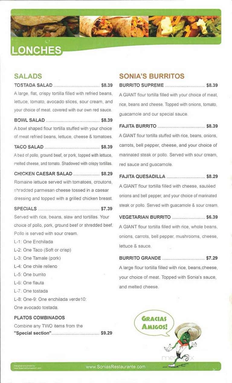Sonia's Restaurant - Tracy, CA menu_pic