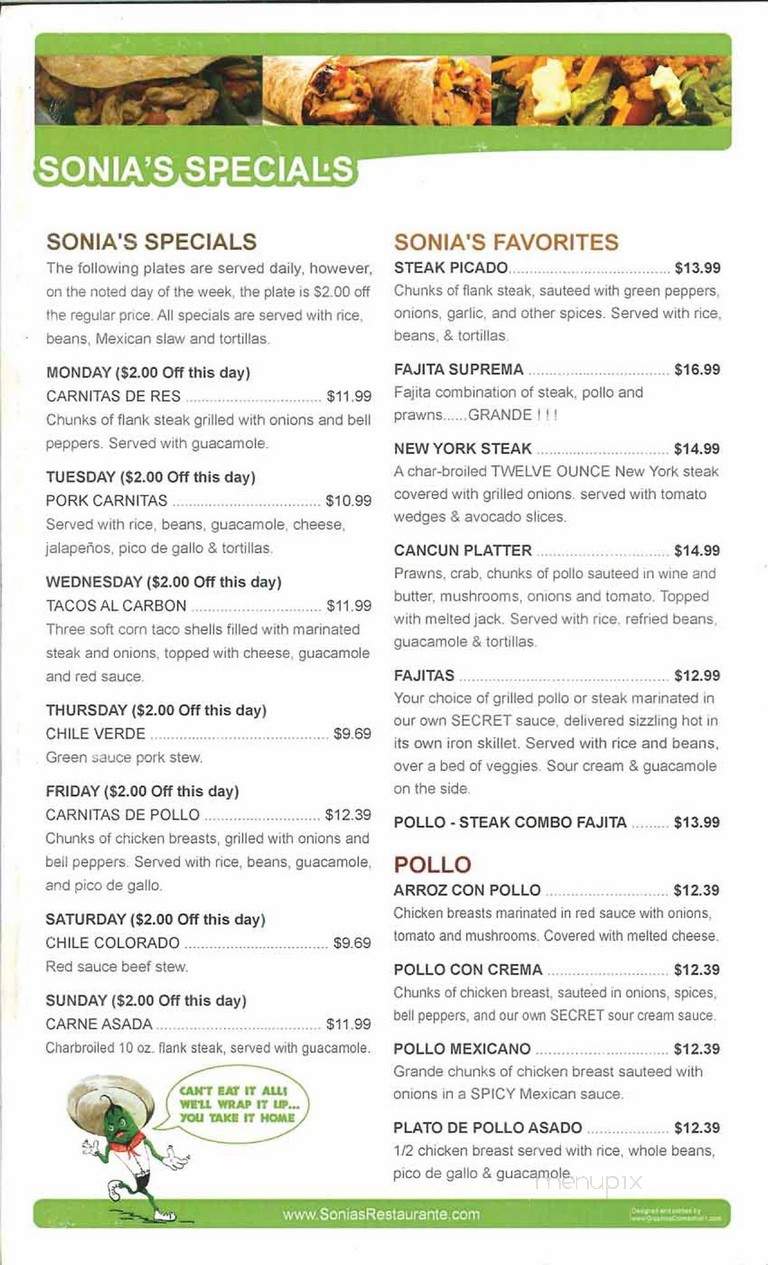 Sonia's Restaurant - Tracy, CA menu_pic