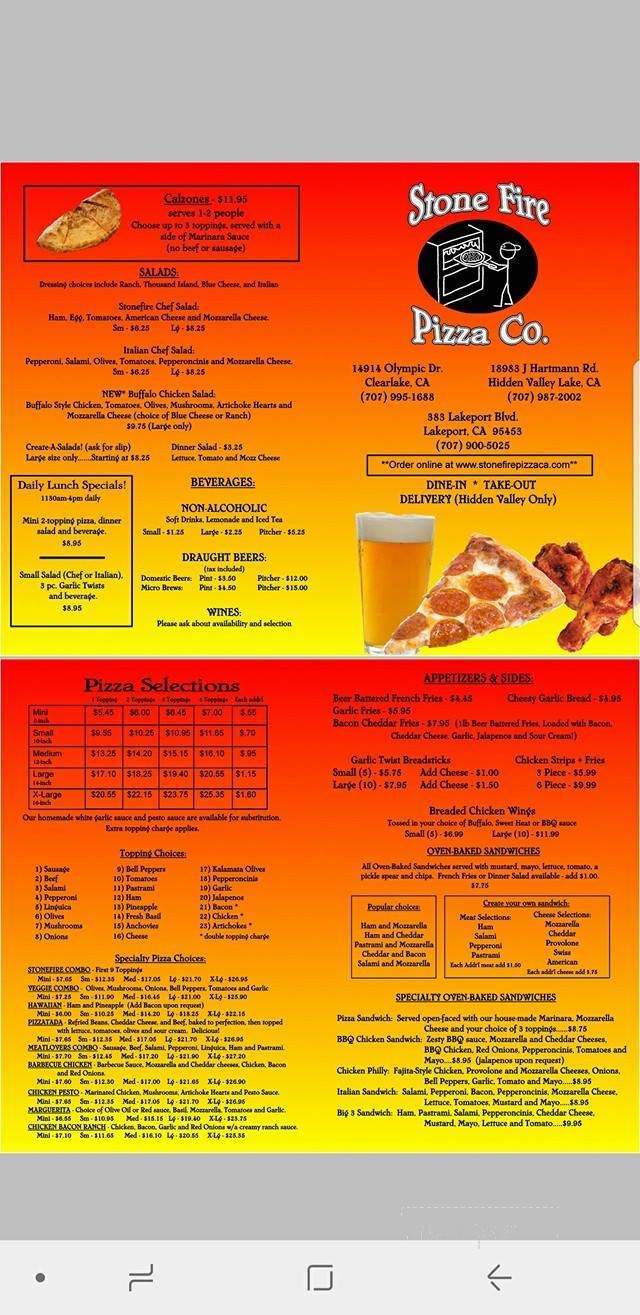 Stonefire Pizza - Clearlake, CA menu_pic