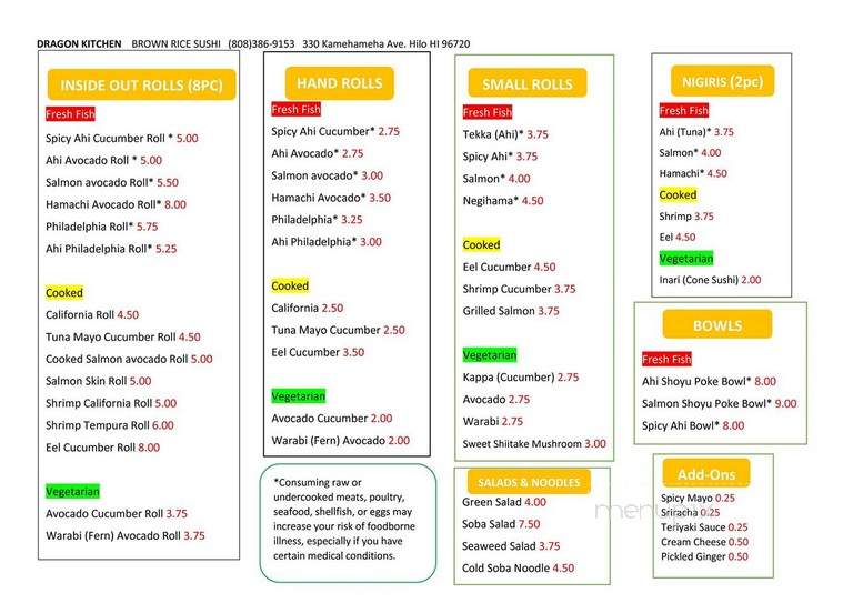 Dragon Kitchen Sushi - Hilo, HI menu_pic