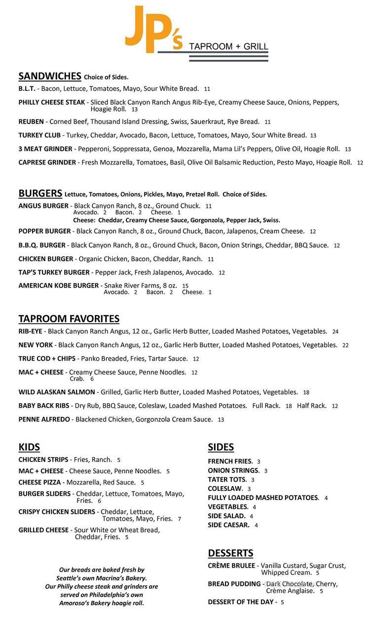JP's Taproom+Grill - Kent, WA menu_pic