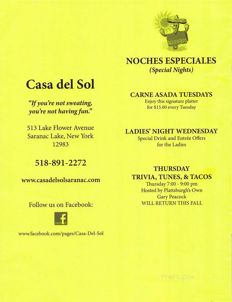 Casa Del Sol - Saranac Lake, NY menu_pic