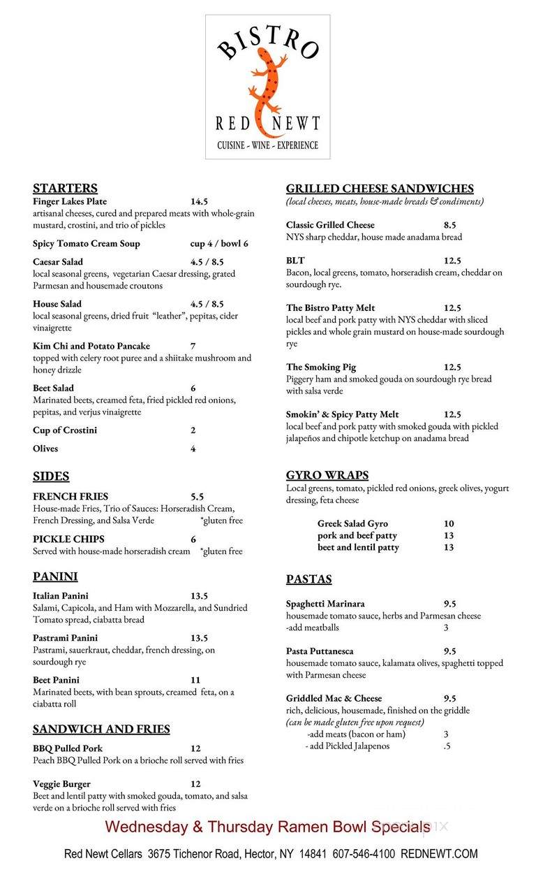Red Newt Bistro - Hector, NY menu_pic