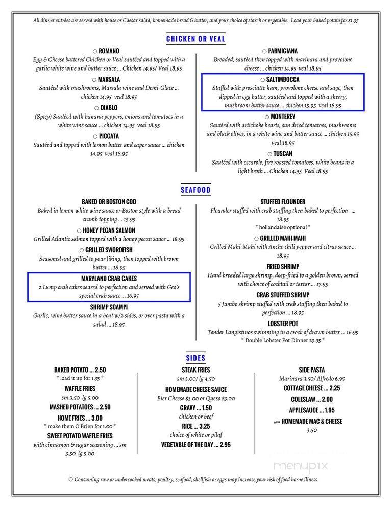 Geo's Restaurant and Lounge - Latrobe, PA menu_pic