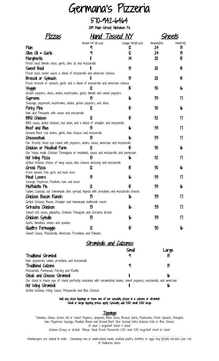 Germana's Pizzeria - Nicholson, PA menu_pic