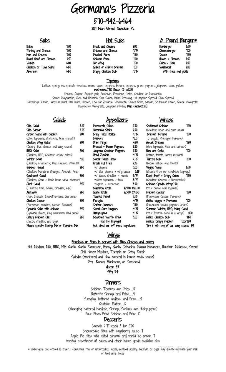 Germana's Pizzeria - Nicholson, PA menu_pic