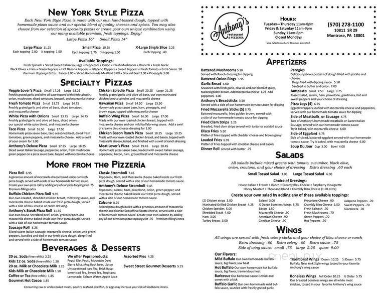 Anthony's Restaurant & Pizzeria - Montrose, PA