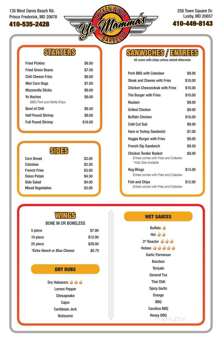 Yo Mamma's Chicken Wings and Barbecue - Prince Frederick, MD menu_pic
