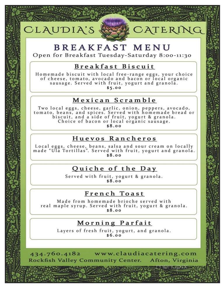 Claudia's Cafe and Catering - Afton, VA menu_pic