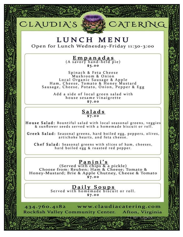Claudia's Cafe and Catering - Afton, VA menu_pic