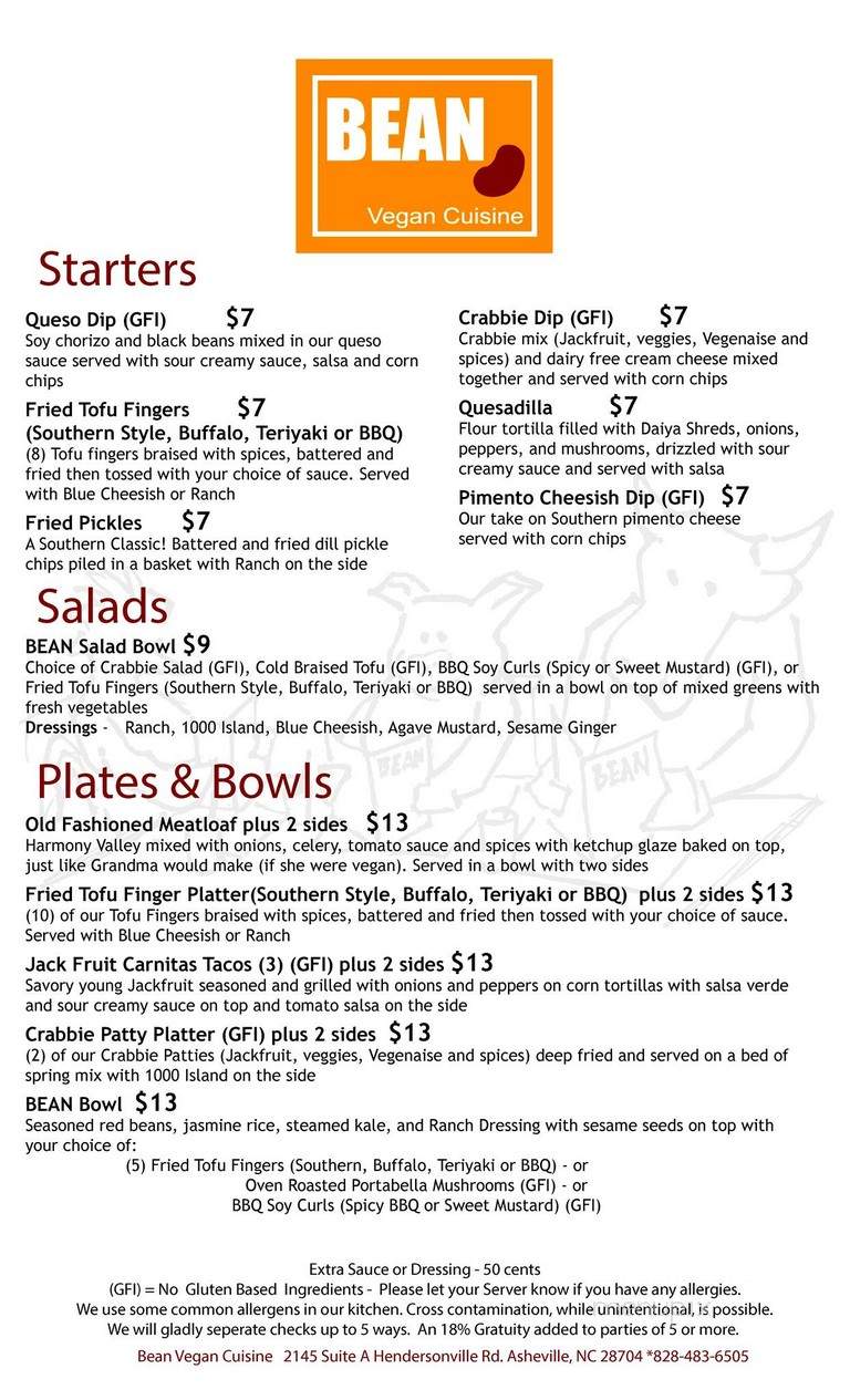 Bean Vegan Cuisine - Arden, NC menu_pic