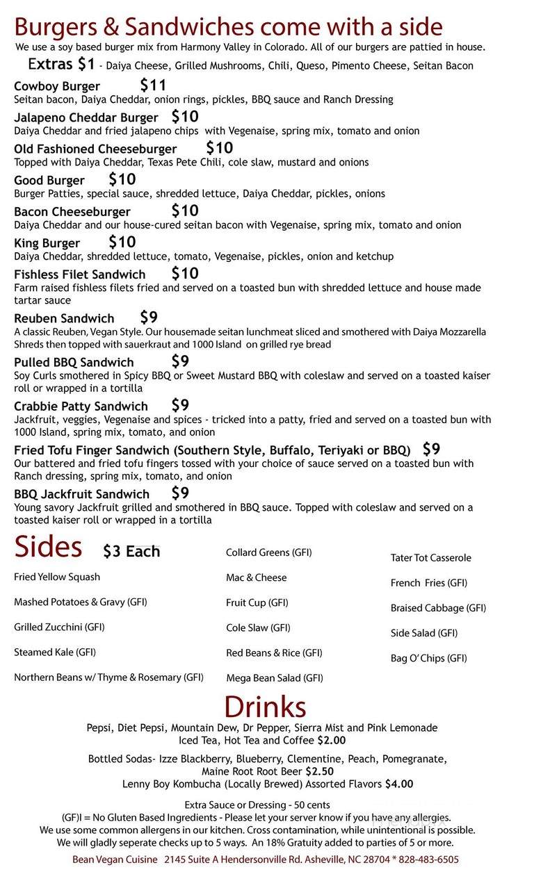 Bean Vegan Cuisine - Arden, NC menu_pic