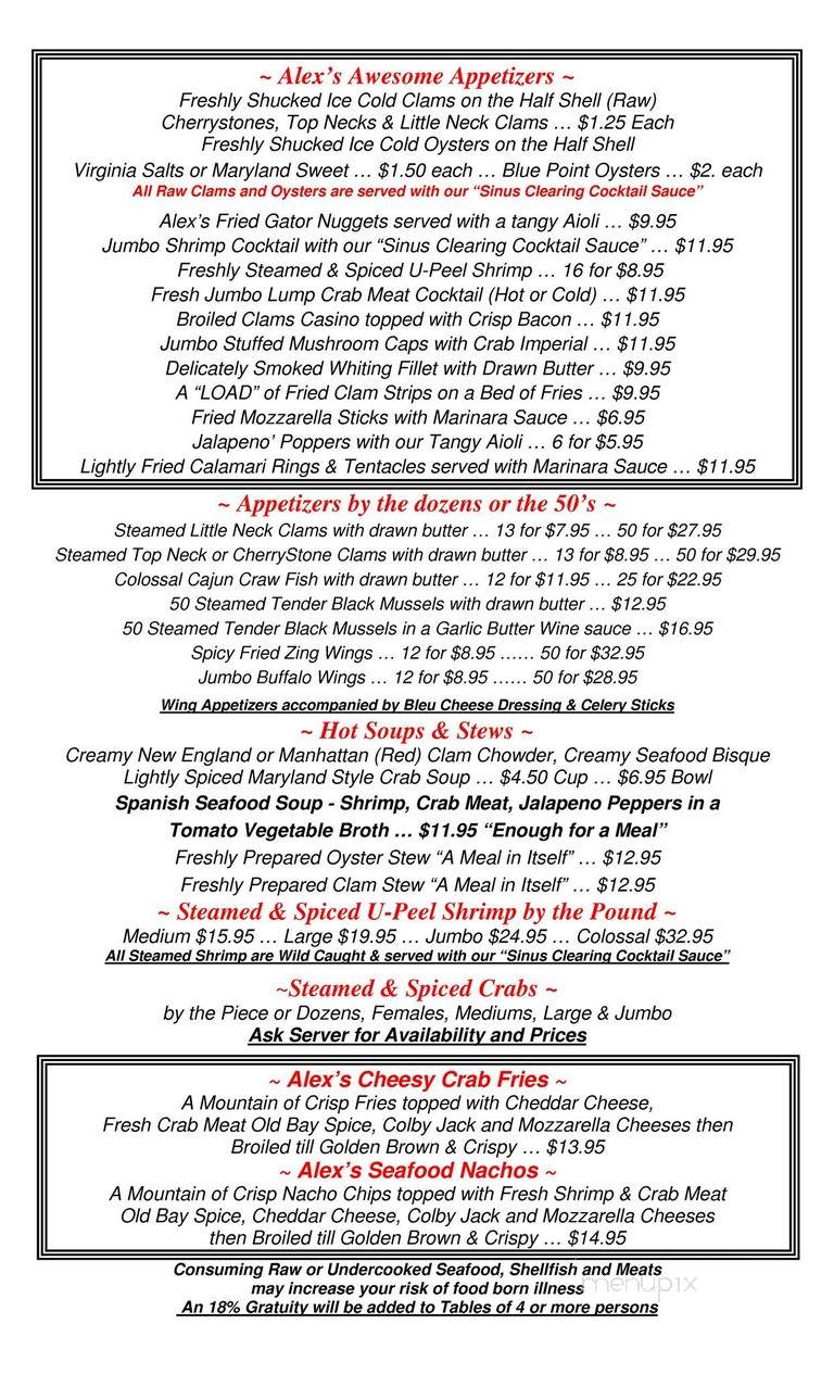 Alex's Seafood Restaurant & Clam Bar - New Castle, DE menu_pic