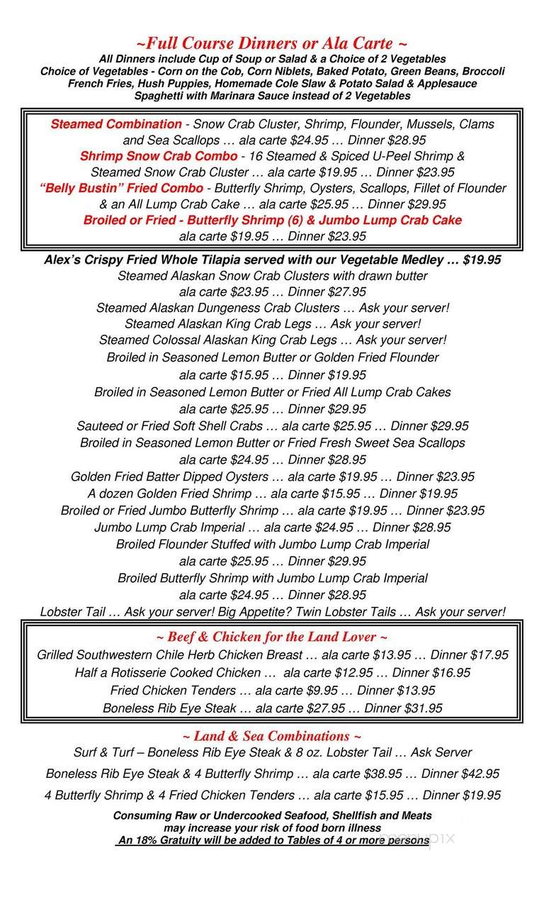 Alex's Seafood Restaurant & Clam Bar - New Castle, DE menu_pic