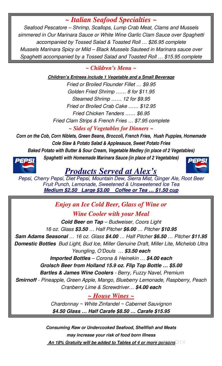 Alex's Seafood Restaurant & Clam Bar - New Castle, DE menu_pic