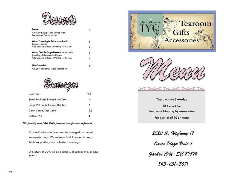 Just Because IYQ Tea Room - Garden City Beach, SC menu_pic