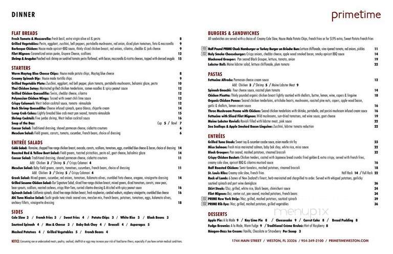 Primetime Restaurant & Bar - Weston, FL menu_pic