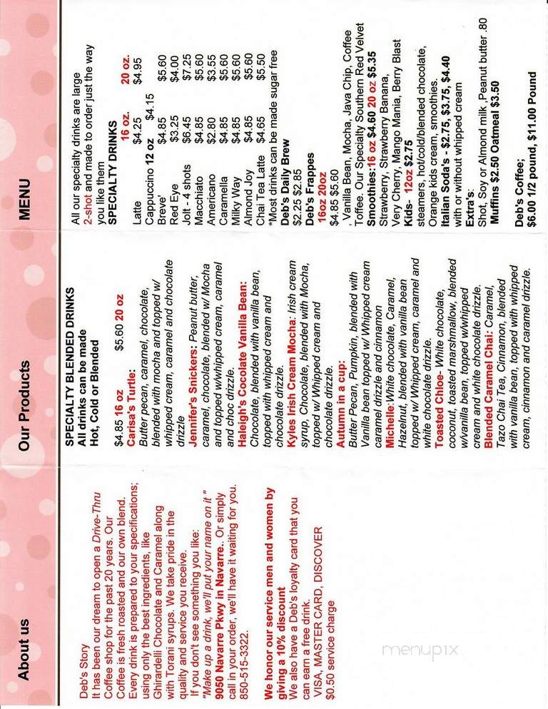 Deb's Coffee Drive-Thru - Navarre, FL menu_pic