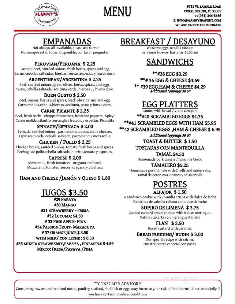 Manny's Cafe & Bakery - Coral Springs, FL menu_pic
