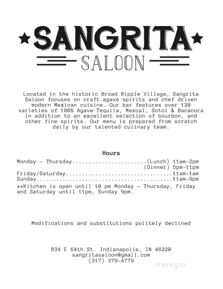 Sangrita Saloon - Indianapolis, IN menu_pic