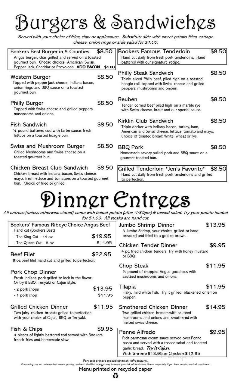 Bookers Bar & Grill - Kirklin, IN menu_pic
